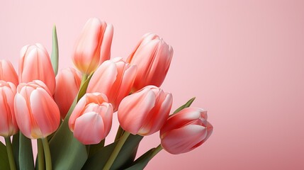 Obraz premium a bunch of pink tulips in a vase on a pink background with a pink wall in the background.