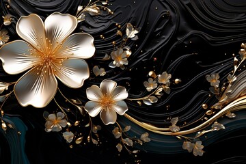 Luxurious swirls of shimmering gold and obsidian liquid marble fractal flowers blooming gracefully on a captivating resin geode backdrop. - obrazy, fototapety, plakaty