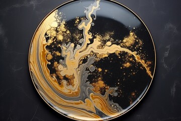 Luxurious swirls of radiant gold and midnight-black liquid marble fractal flowers blossoming within a mesmerizing resin geode backdrop.