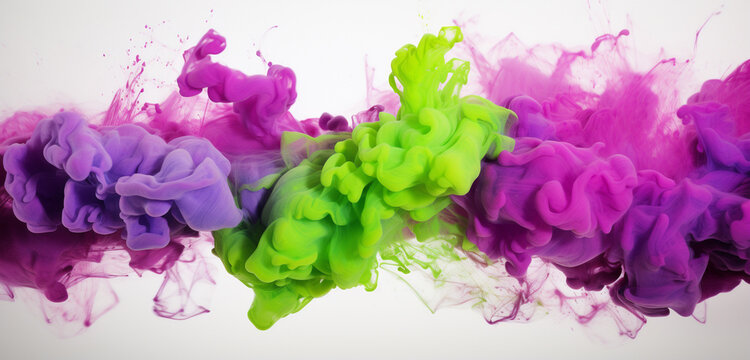 Whirling clouds of deep violet powder combined with flashes of lime green and hot pink, crafting a dynamic and striking visual on a clean white backdrop.