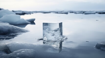 Fototapeta na wymiar an ice block floating on top of a body of water next to ice covered rocks and ice floese.