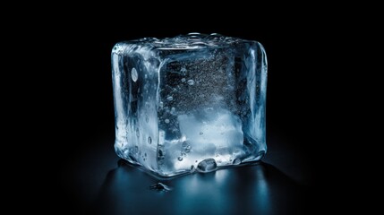  an ice cube on a black background with water splashing on the ice and ice flakes on the ice.
