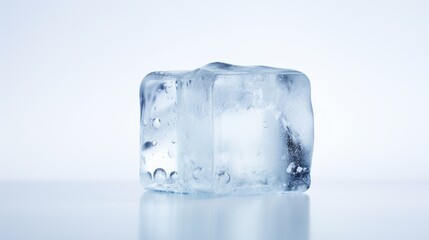 Obraz premium an ice cube on a reflective surface with water droplets on the ice and on top of the ice cube is water droplets on the ice.