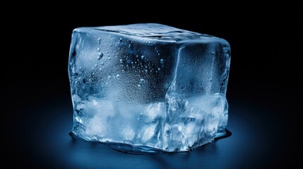  an ice cube on a black background with water droplets on the ice and on top of the cube is water droplets on the ice.