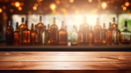  a wooden table top in front of a blurry background with bottles of wine on the wall in the foreground.