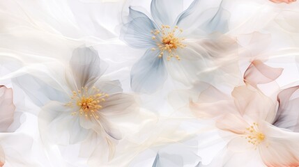 a close up of a white and blue flower on a white and pink background with a yellow center in the center.