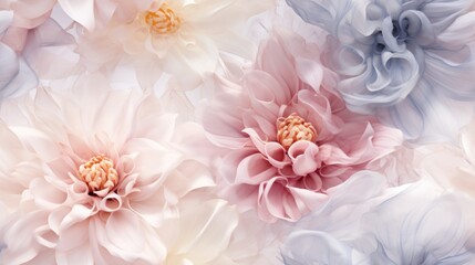  a close up of a bunch of flowers on a white and blue background with some pink and blue flowers in the middle of the picture.