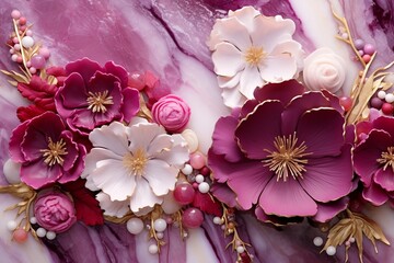Prismatic magenta and champagne liquid marble floral designs embellishing a luxurious pearl-white resin geode artwork.