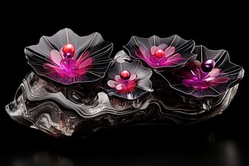 Prismatic magenta and platinum liquid marble fractal flowers blossoming on a midnight-black resin geode surface.