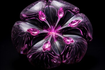 Prismatic magenta and platinum liquid marble fractal flowers blossoming on a midnight-black resin geode surface.