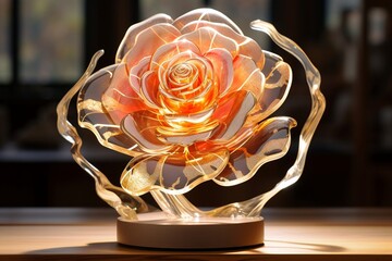 Prismatic rose and platinum liquid marble fractal flowers blossoming on a sunlit ochre resin geode surface.