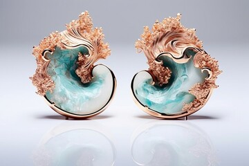 Radiant aquamarine and rose-gold liquid marble blooms dancing across a silver-toned resin geode canvas.