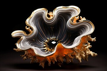Radiant gilded and jet-black liquid marble fractal flowers unfurling within an enchanting resin geode setting, creating a striking contrast.