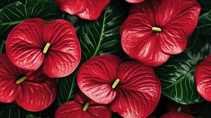  a painting of red flowers with green leaves on a black background with a green spot in the middle of the petals.