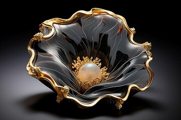 Radiant gilded and jet-black liquid marble fractal flowers unfurling within an enchanting resin geode setting, creating a striking contrast. - obrazy, fototapety, plakaty