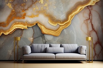 Radiating with opulence, a golden resin geode reveals an abstract marble wallpaper, a sophisticated choice for adorning walls with refined decor.