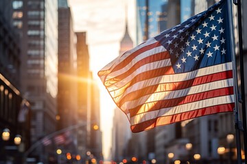 Memorial Day Tribute. Blurred Urban American Flag Scene with Patriotic Background