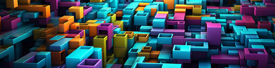 A 3D array of colorful shapes forming a complex maze.