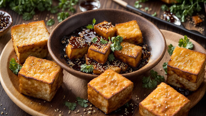 Fried tofu cheese with sesame seeds in the kitchen traditional - obrazy, fototapety, plakaty