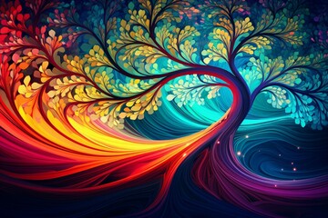 Vibrant 3D intricate color tendrils weaving a captivating multi-colored abstract lines pattern, set against a deep turquoise backdrop with a blossoming tree.
