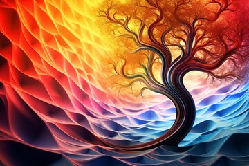 Vibrant 3D intricate color waves intertwining in a mesmerizing multi-colored abstract lines pattern, set against a vivid red background with a radiant tree.