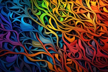 Vibrant 3D intricate color tendrils weaving a captivating multi-colored abstract lines pattern, set against a deep turquoise backdrop with a blossoming tree.