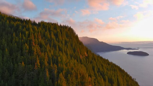 Canadian Mountain Landscape on the West Coast Pacific Ocean. Aerial Nature Background. Howe Sound, BC, Canada.