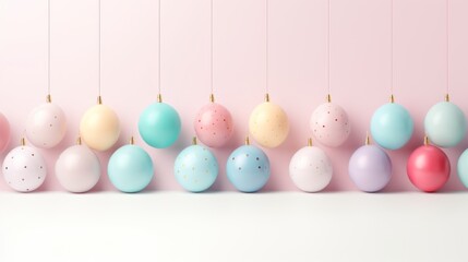  a row of pastel colored easter eggs hanging from a line against a pink wall with gold speckles.