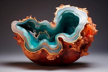 Vibrant teal and rose-gold liquid marble blossoms dancing across a mesmerizing ocean-blue resin geode landscape.