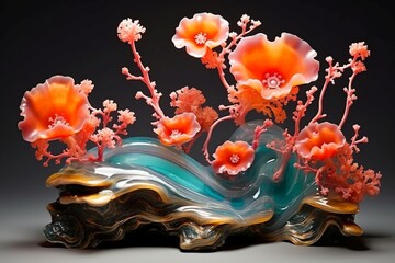 Vibrant coral and pewter liquid marble blossoms dancing across a luminous opal-toned resin geode landscape.