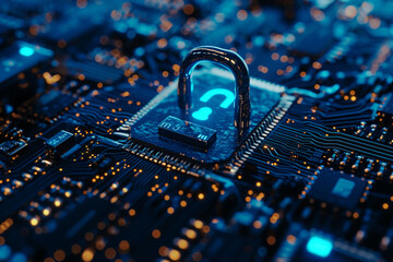 A a blue mother plate with wires and a lock in the middle and bokeh lights. Copy space.