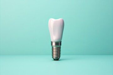 Dental Implant with Metal Fin on Pastel Green Background for Teeth Restoration and Oral Health - obrazy, fototapety, plakaty