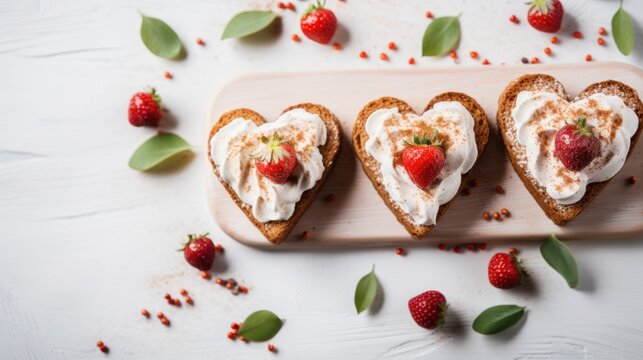  three slices of heart shaped bread with whipped cream and strawberries on a cutting board surrounded by leaves and berries.