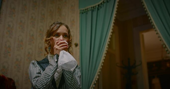 portrait of beautiful young woman in retro gown and interior of 19th century, 4K, Prores