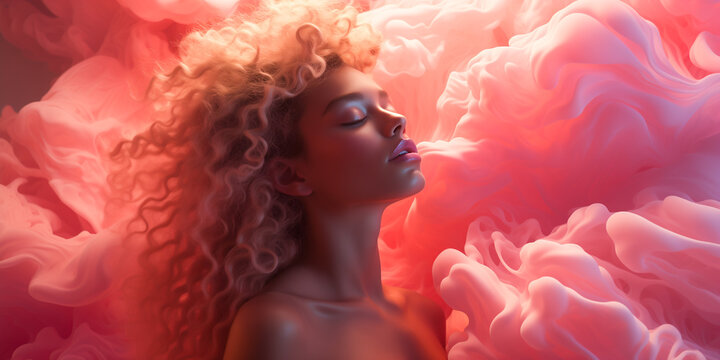 Stunning curly haired woman with eyes closed and liquid fluid pink smoke background, wide banner, Otherworldly Visions, wide banner copyspace