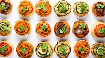  a bunch of small sandwiches with veggies and sauces on them on a white surface with a green leafy garnish.