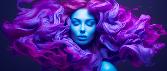 Otherworldly blue skinned woman with purple fluid liquid hair, fantasy, dreamy, underwater, cool saturated color, wide banner