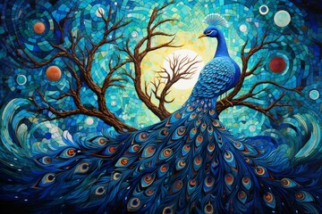 A 3D intricate peacock mosaic in celestial shades of blue, unfolding against a cosmic backdrop,...