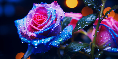 Neon colorful blue rose, dew, wet water drops, dark, intense, fantasy, vivid, sci fi flowers, wide banner, Otherworldly Visions