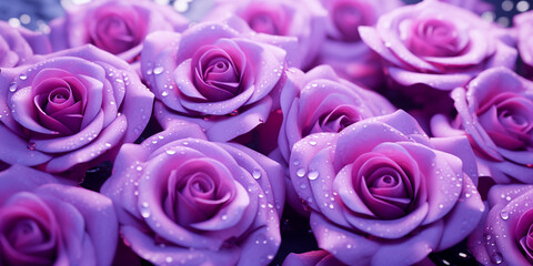 Vivid pink purple vibrant roses, dew, wet water drops, dark, intense, fantasy, vivid, wide banner, Otherworldly Visions