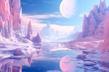 Pastel light pink blue white pastel space alien sci fi landscape with water reflection, jagged mountains, empty background, Otherworldly Visions, environment design