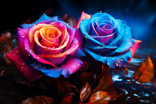 Pair of neon blue and pink colorful vibrant roses, dew, wet water drops, dark, intense, vivid