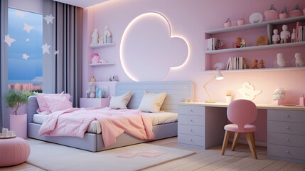 Interior Design. Stylish children's room. Desk with computer and laptop. Bed, toys, closet, shelf. Lighting on the wall, bright lighting. Pink shades of the walls. Clouds and stars.
