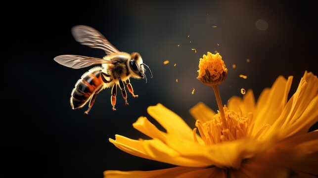  a close up of a bee flying towards a yellow flower with a black back ground and a blurry background.