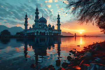 A Magnificent Mosque with a Beautiful Sky View at Sunset - obrazy, fototapety, plakaty