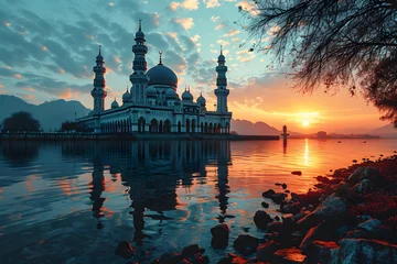 Foto op Plexiglas A Magnificent Mosque with a Beautiful Sky View at Sunset © Resdika