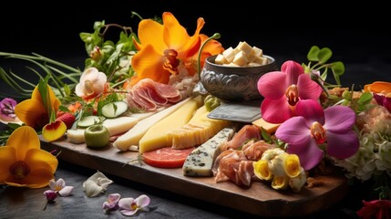  a wooden cutting board topped with lots of different types of cheeses and flowers next to a bowl of cheese.