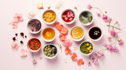  a table topped with bowls filled with different types of condiments next to flowers on top of a pink surface.