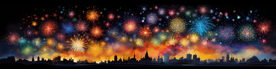Fototapeta na wymiar A burst of colorful shapes resembling fireworks in the night sky.