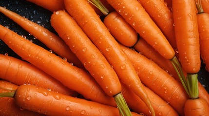  a pile of carrots sitting on top of a table covered in raindrops on top of a black surface.